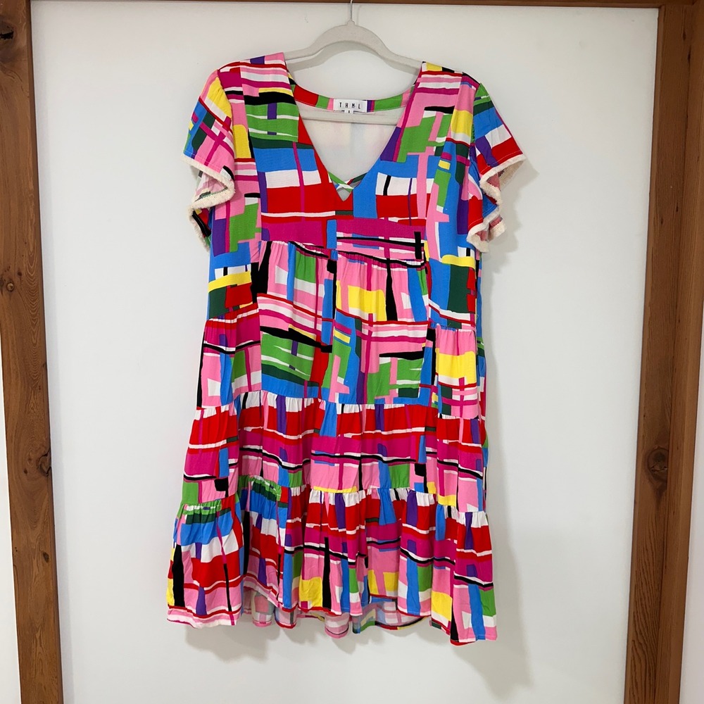 THML Abstract Geometric Print‎ Babydoll Dress Women Small Multicolor | Art Deco